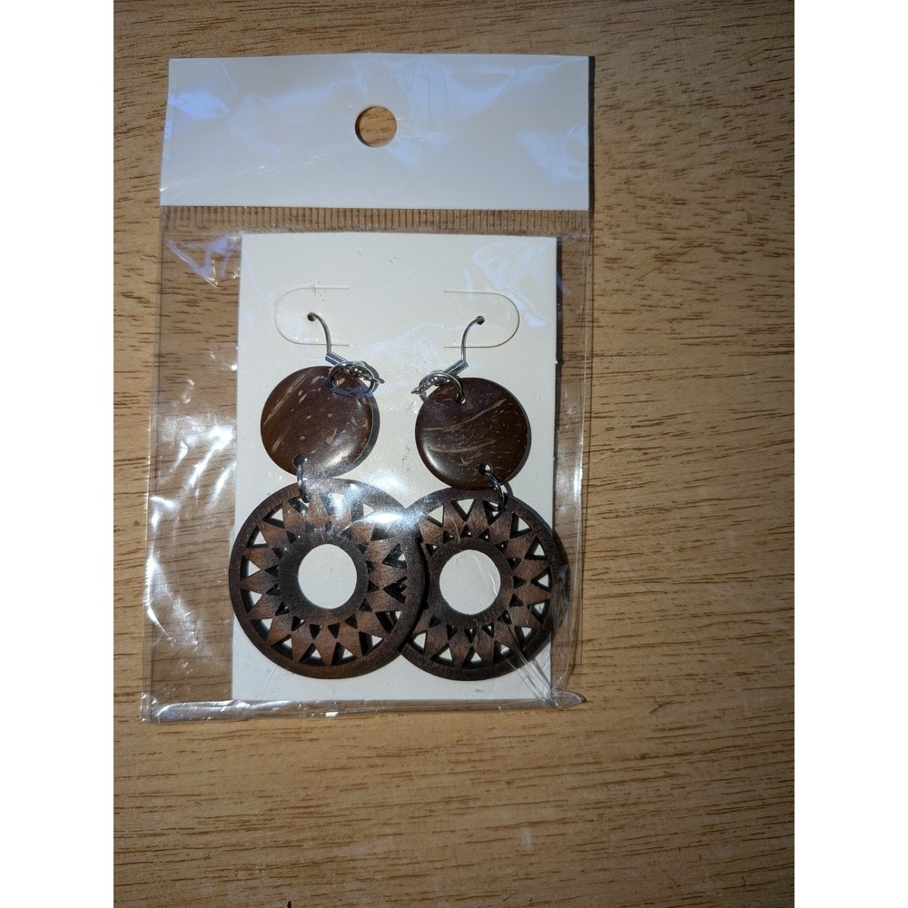 Studio Nature Coconut Shell Wood Geometric Sunburst Drop Earrings Dominican Rep - Picture 2 of 4